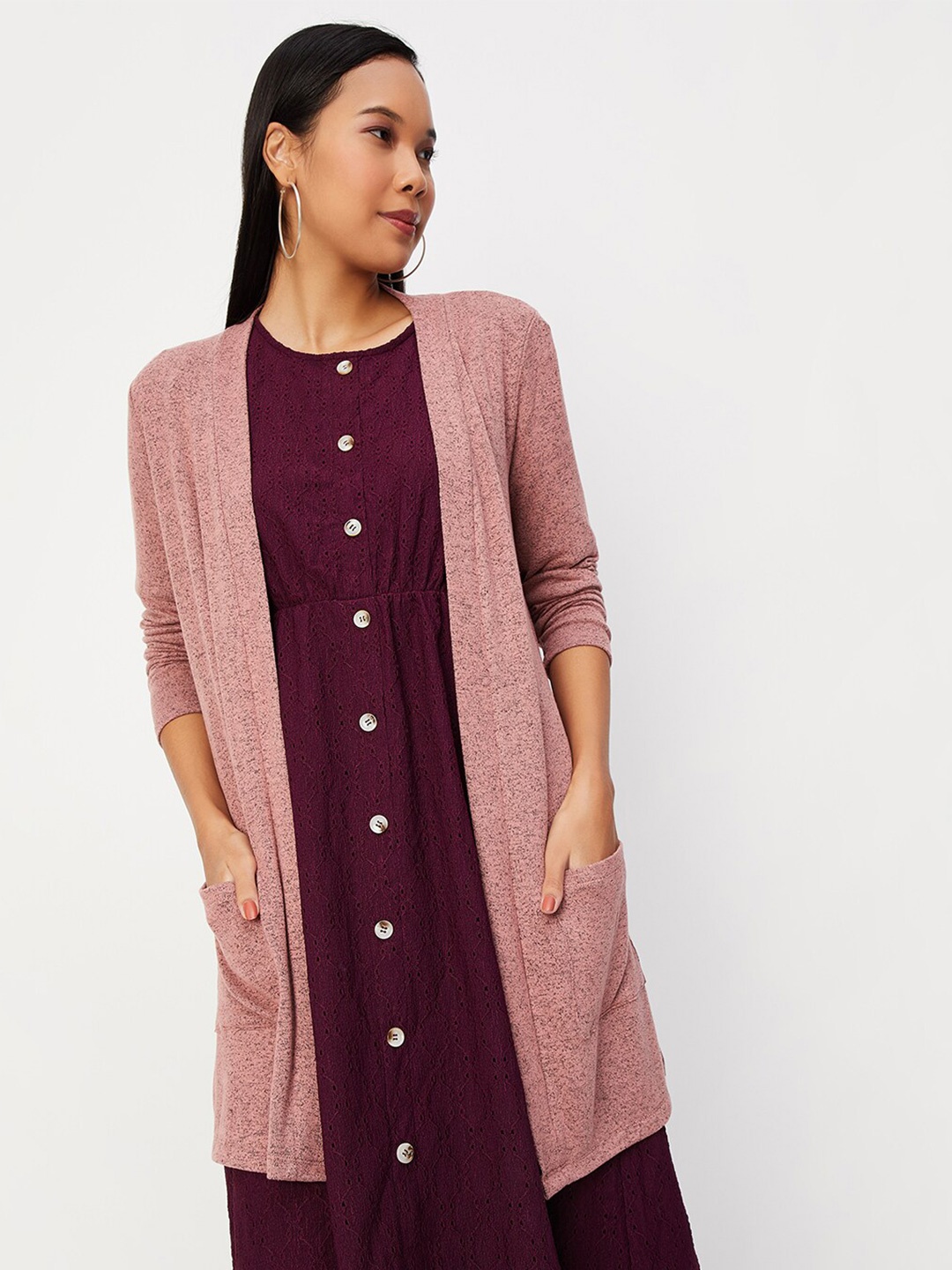 

max Acrylic Longline Front Open Shrug, Pink