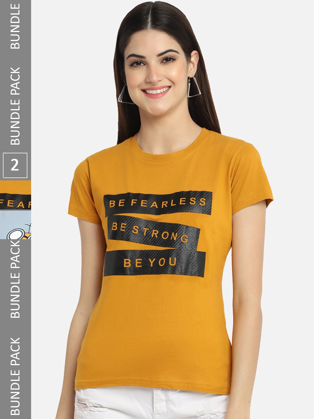 

BAESD Pack of 2 Typography Printed Regular Fit Cotton T-Shirt, Mustard