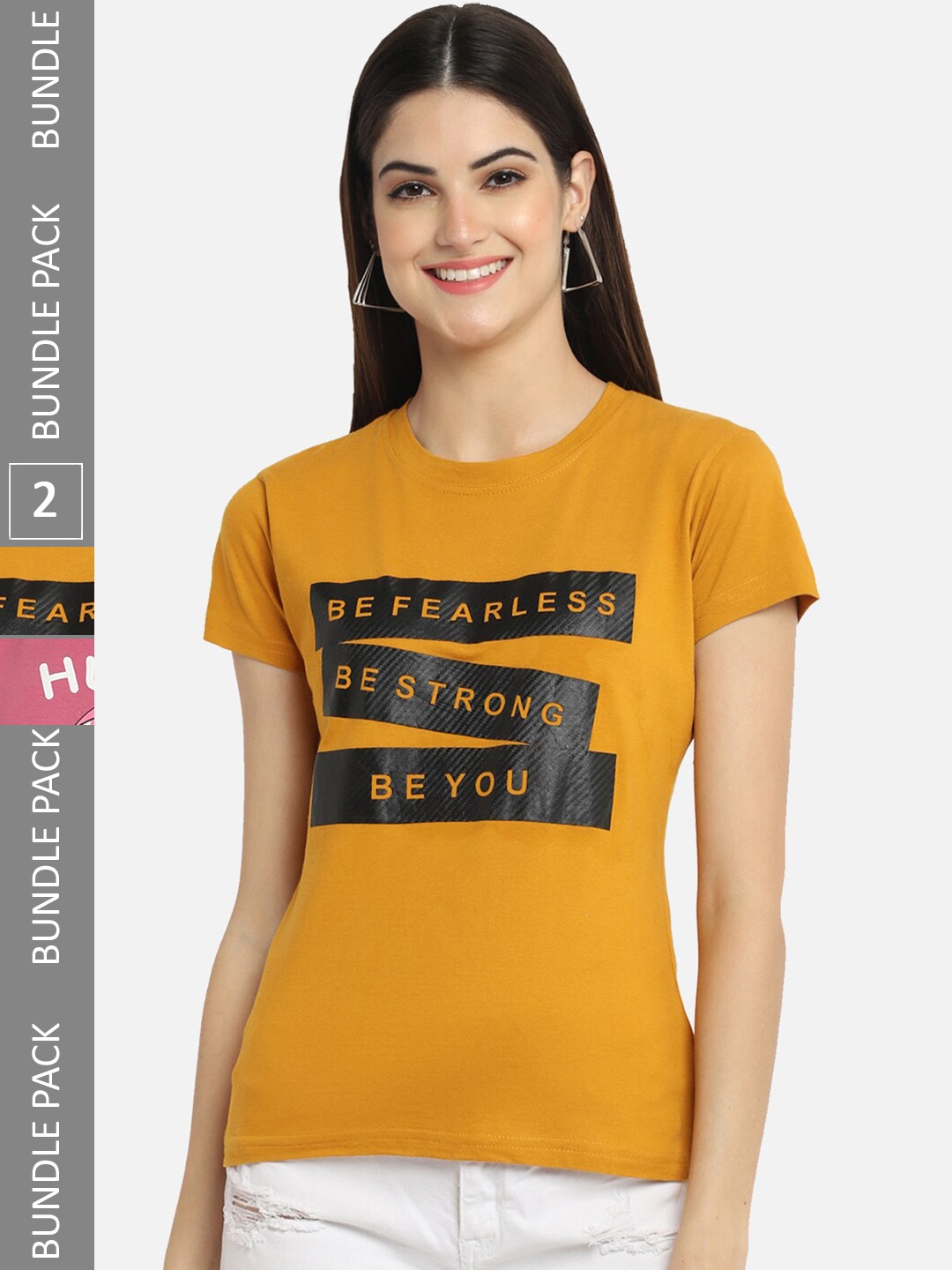 BAESD Pack of 2 Typography Printed Cotton T-shirts, Mustard