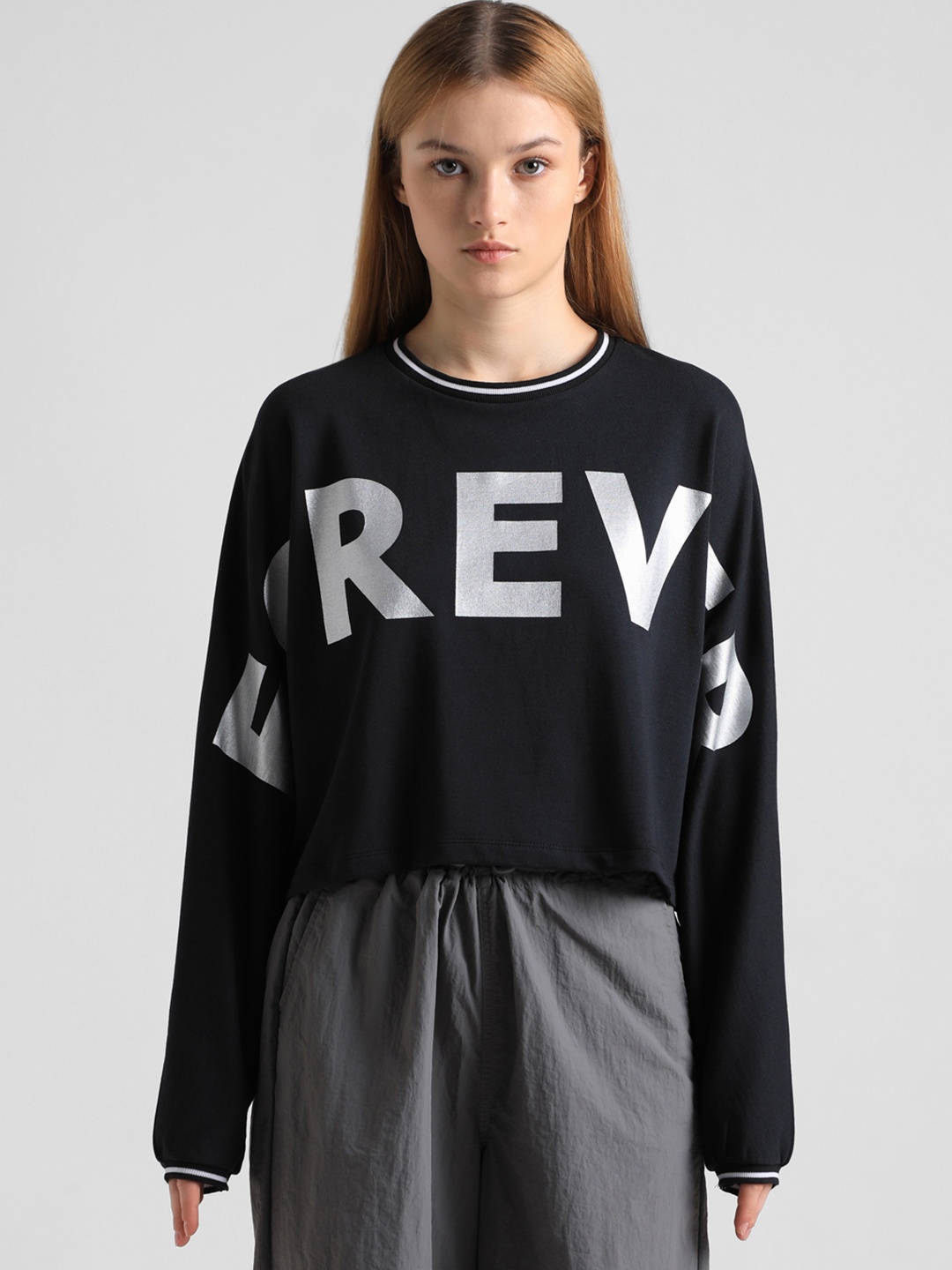 

ONLY Onld Rag LS Anthracite Printed Pure Cotton Pullover Sweatshirt, Black