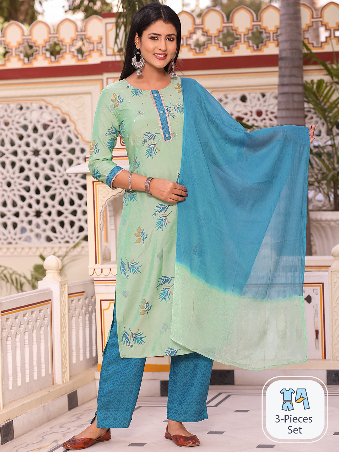 

misbis Floral Printed Mirro Work Pure Cotton Kurta with Trousers & With Dupatta, Green