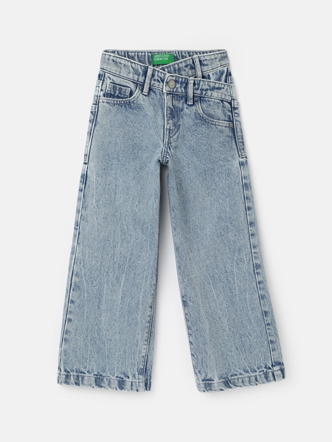 United Colors of Benetton Girls Wide Leg Clean Look Heavy Fade Jeans, Blue