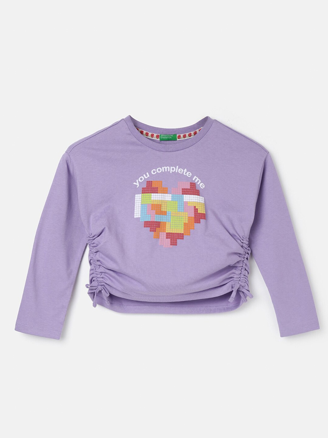 United Colors of Benetton Graphic Printed Ruched Cotton Crop Top, Purple