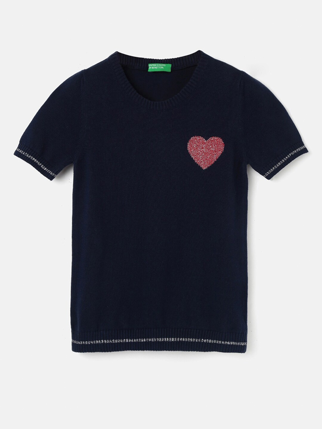 

United Colors of Benetton Girls Regular Fit Geometric Self Design Knitted Pullover, Navy blue