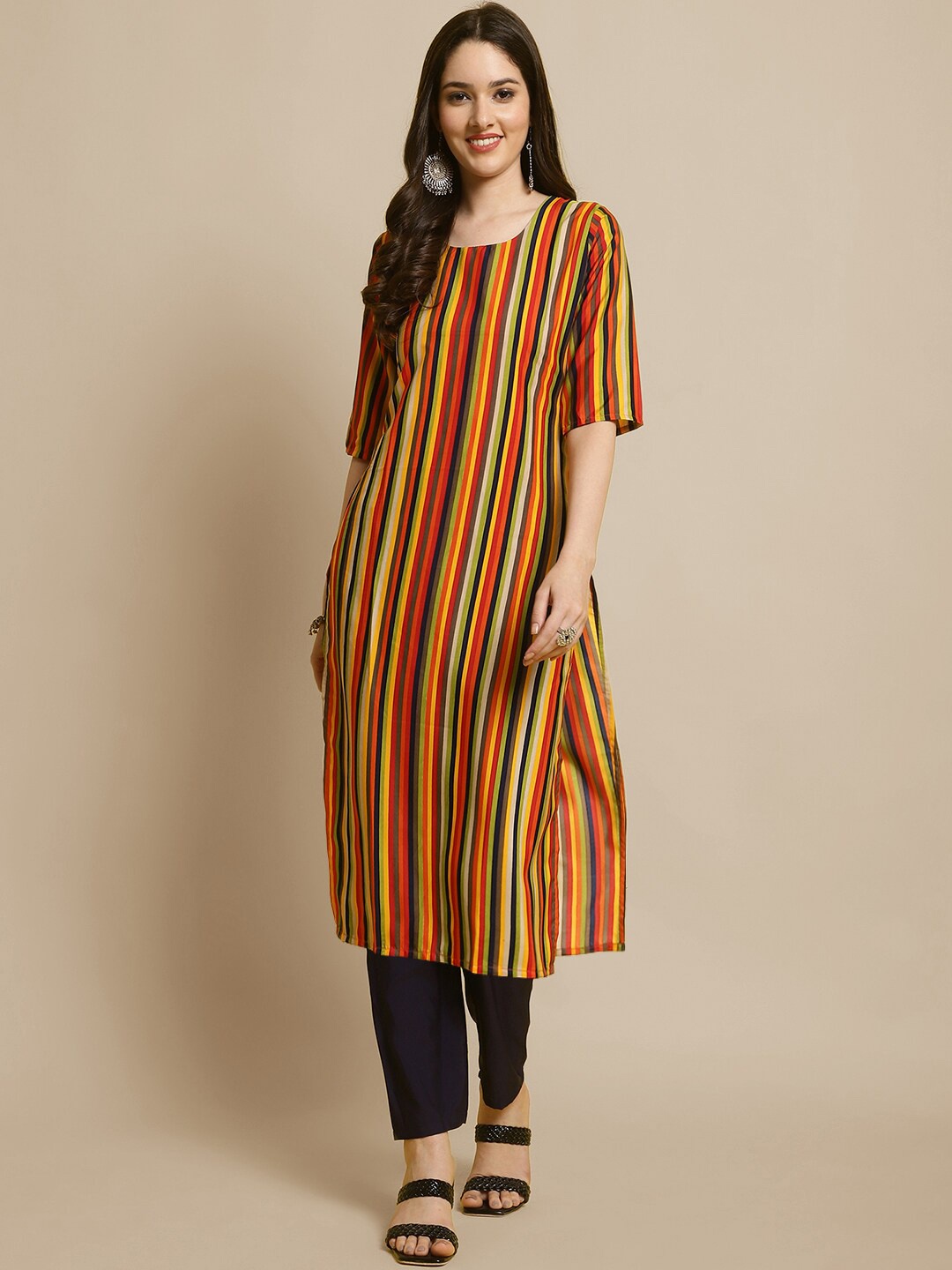 

7Threads Striped Straight Kurta With Trousers, Red