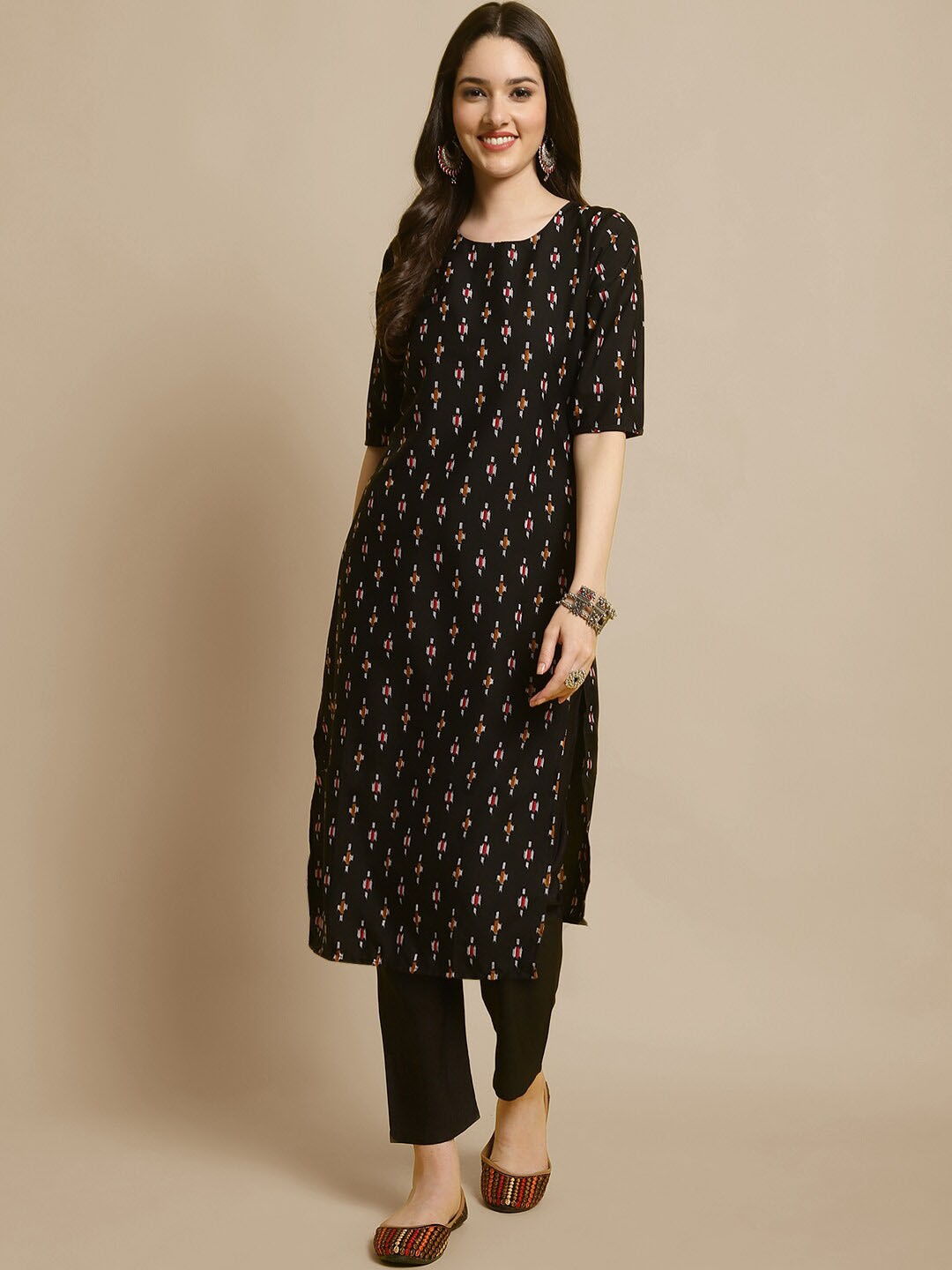 

7Threads Printed Kurta with Trousers, Black