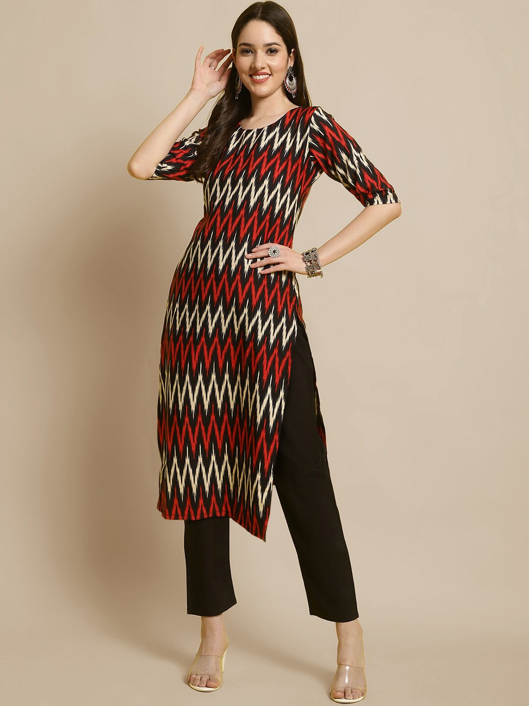 

7Threads Printed Kurta with Trousers, Black