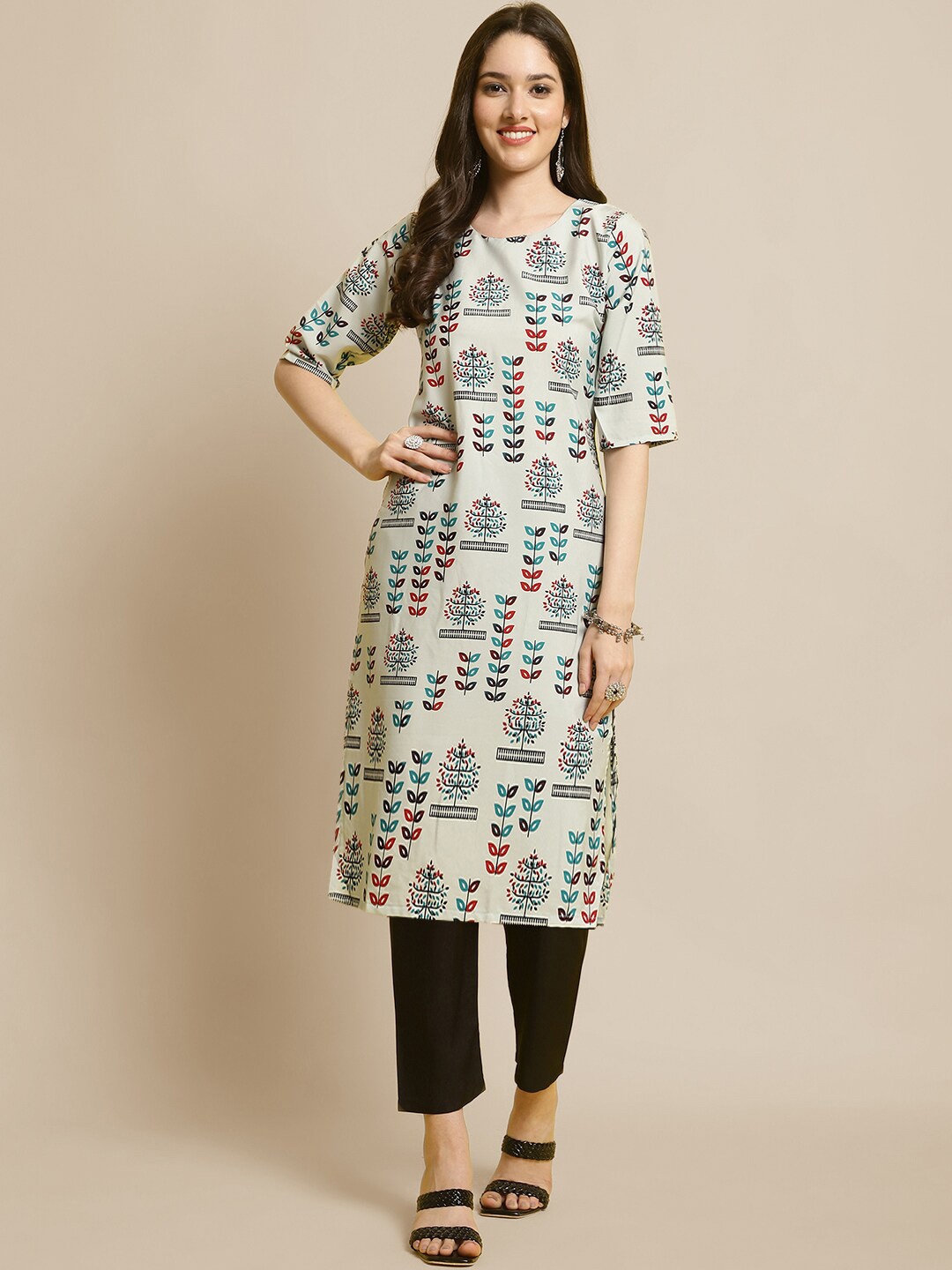 

7Threads Floral Printed Kurta with Trousers, Cream