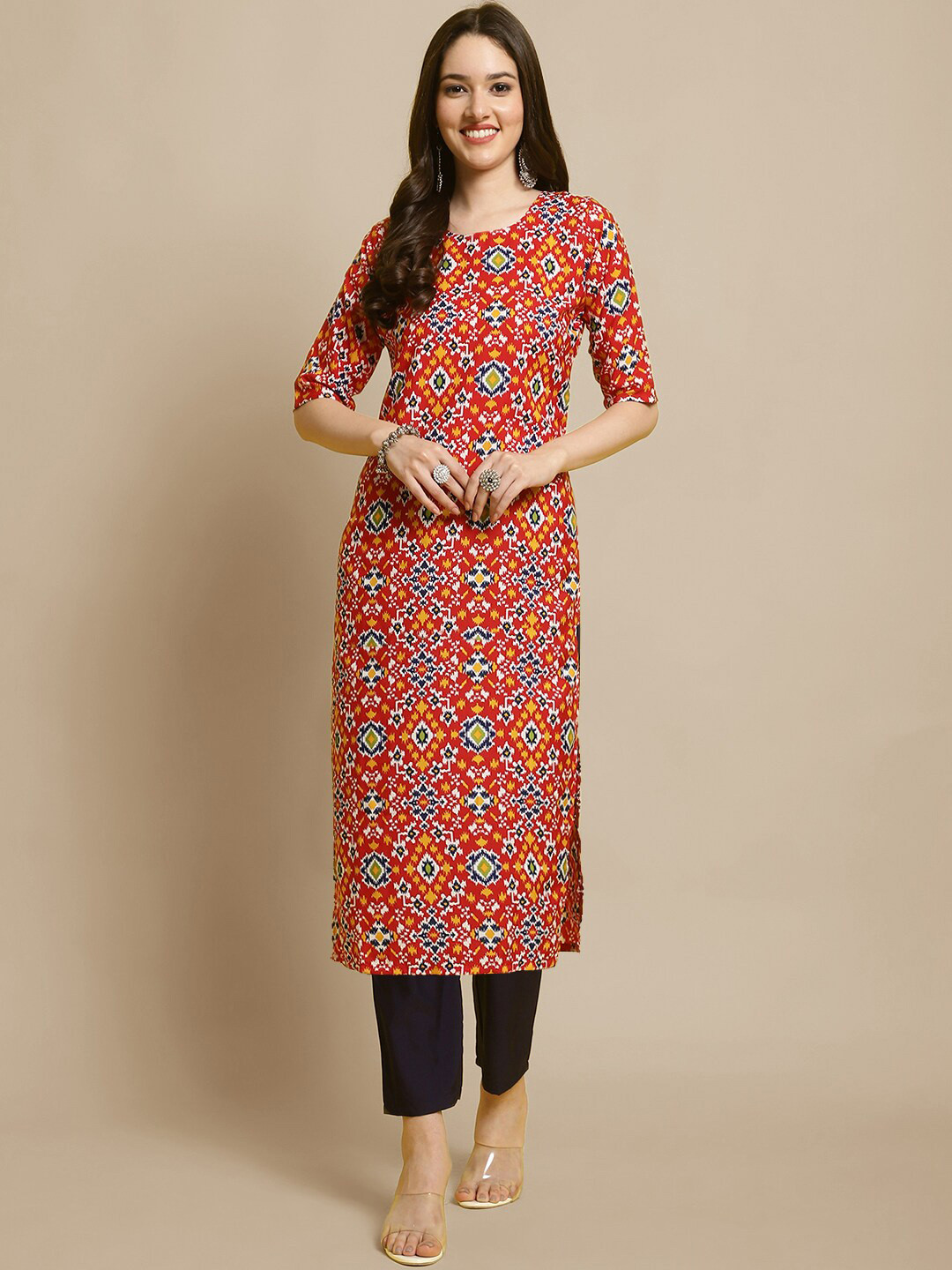 

7Threads Ethnic Motifs Printed Round Neck Straight Kurta With Trousers, Orange