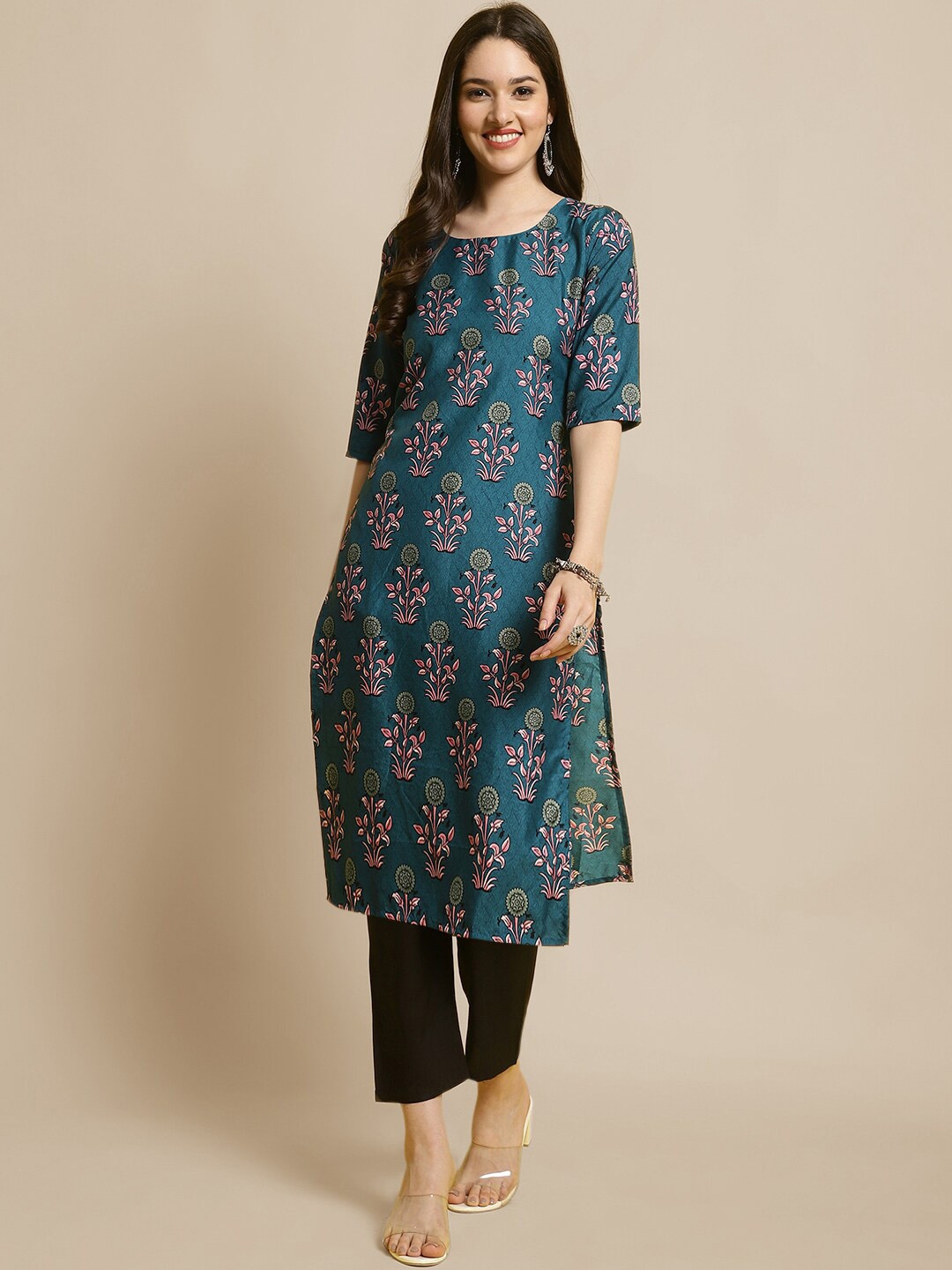 

7Threads Women Olive Green Floral Printed Regular Kurta with Trousers