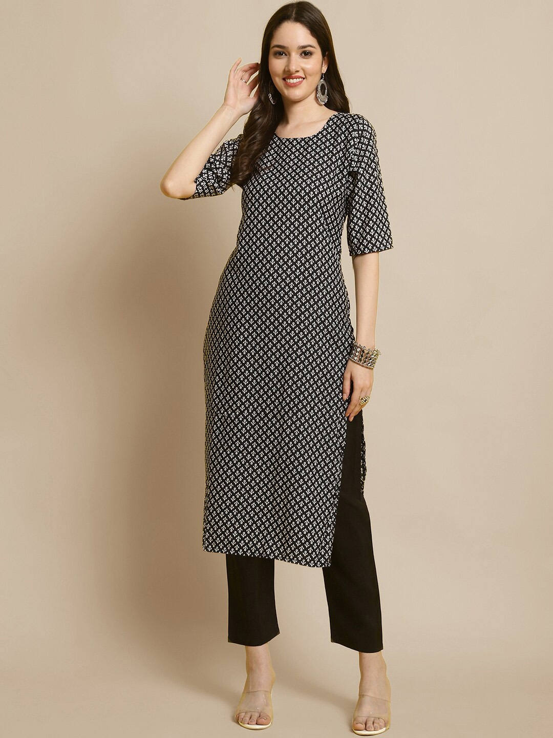 

7Threads Floral Printed Straight Kurta With Trousers, Black
