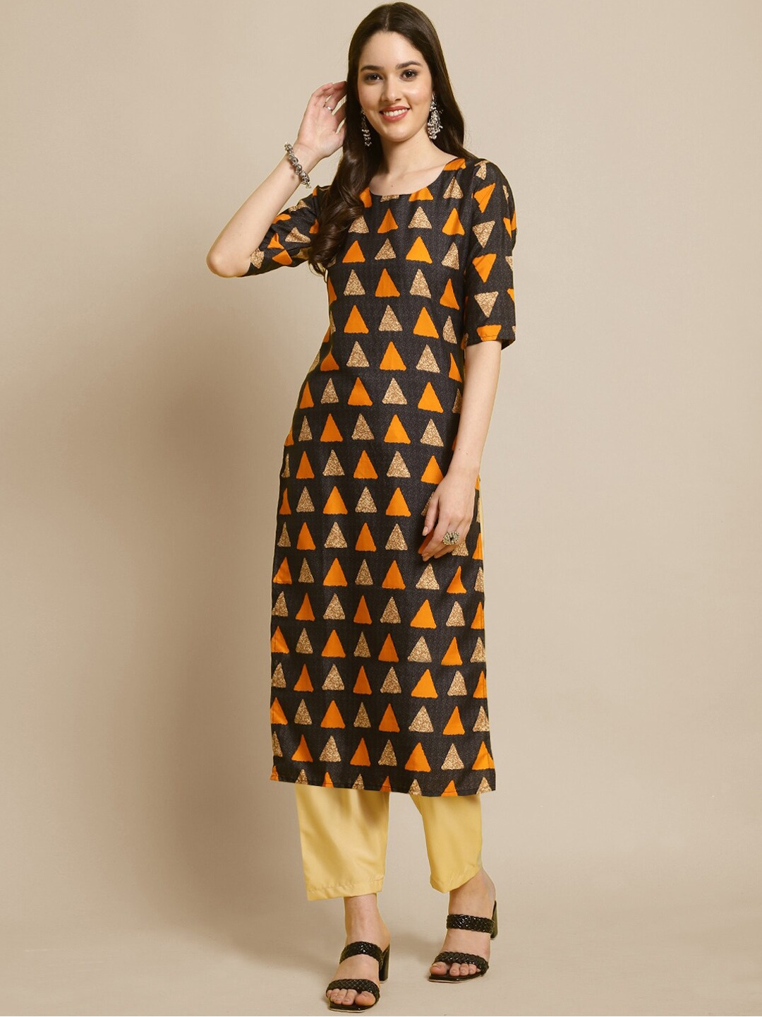 

7Threads Geometric Printed Regular Kurta With Trousers, Black