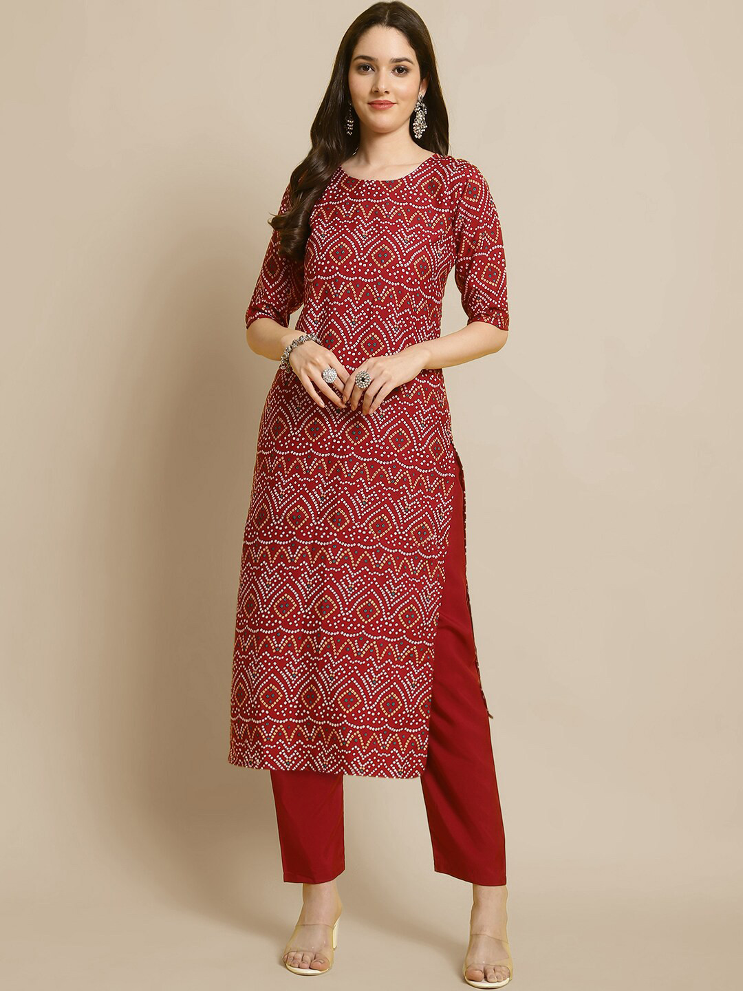 

7Threads Women Red Bandhani Printed Regular Kurta with Trousers