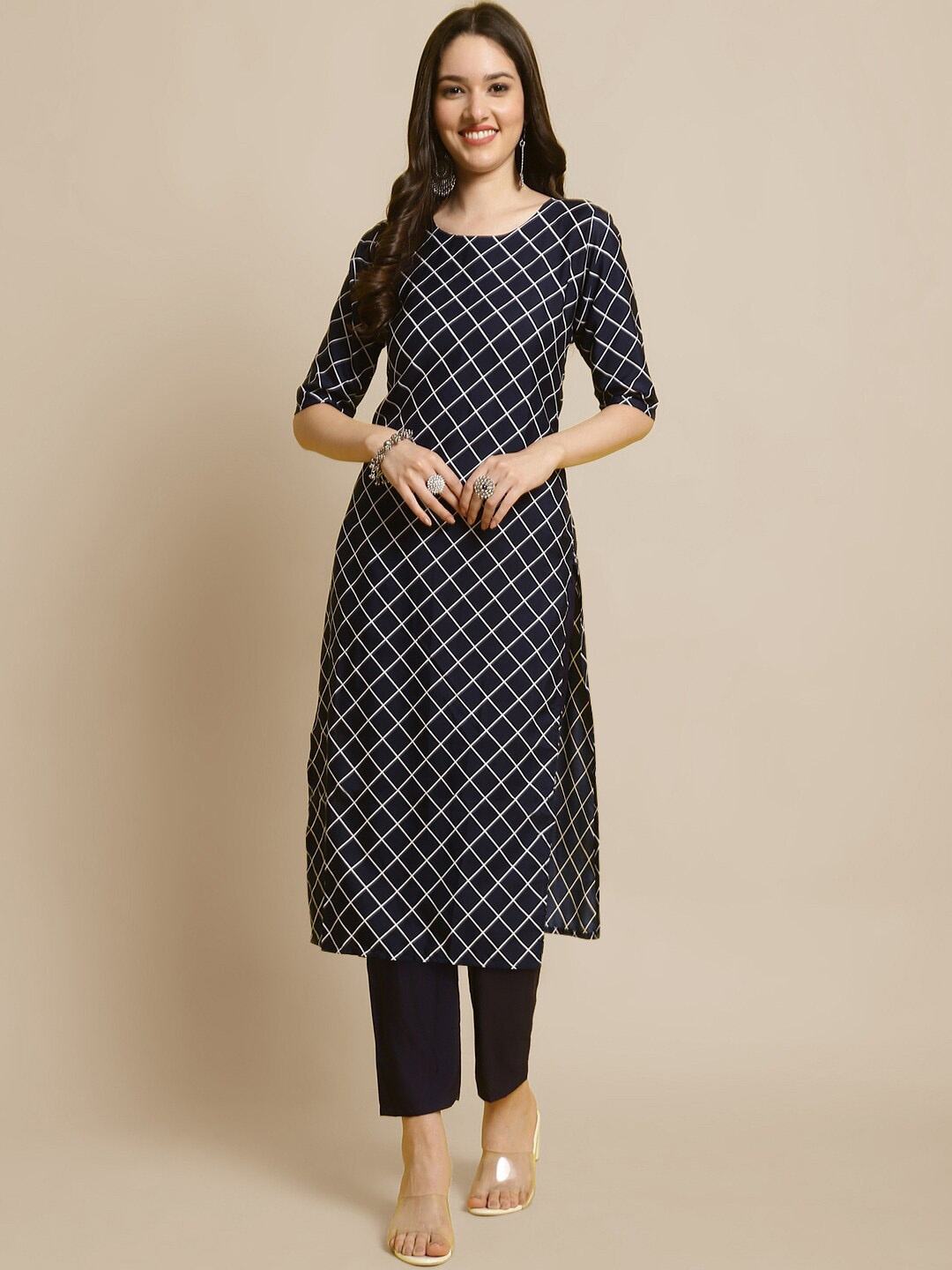 

7Threads Checked Round Neck Straight Kurta With Trousers, Navy blue