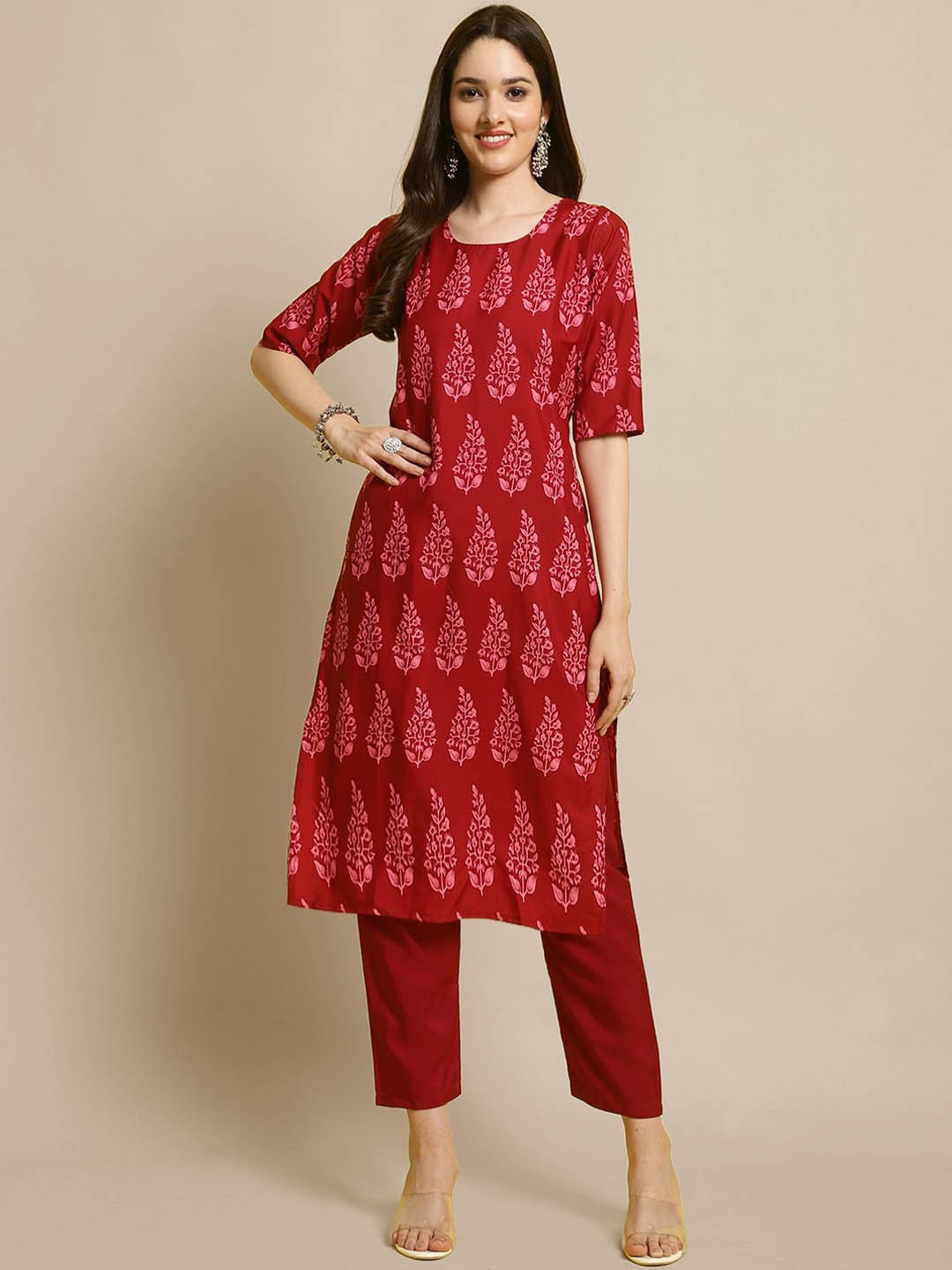 

7Threads Women Red Ethnic Motifs Printed Regular Kurta with Trousers