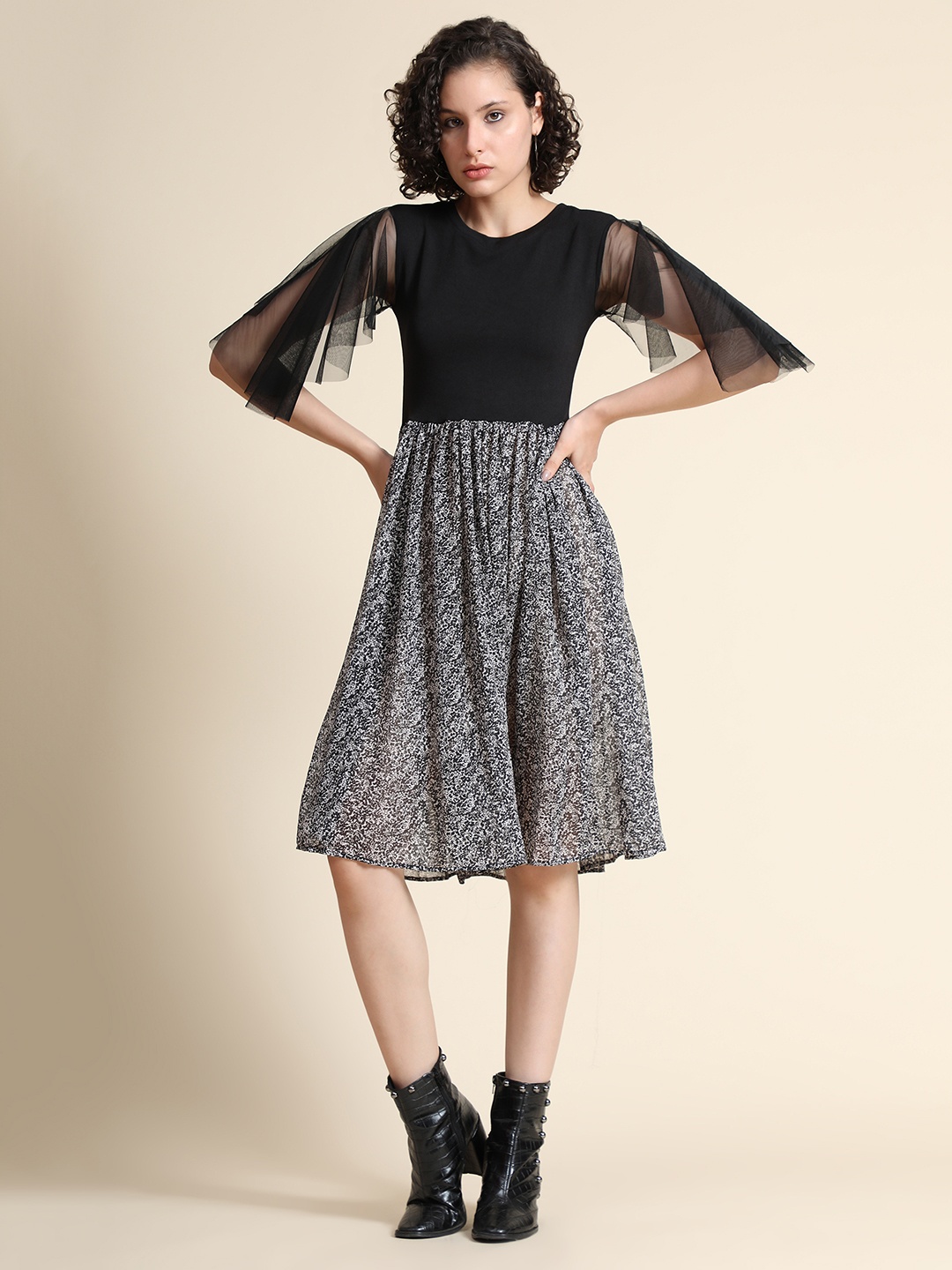 

BAESD Floral Print Flared Sleeve Fit & Flare Dress, Black