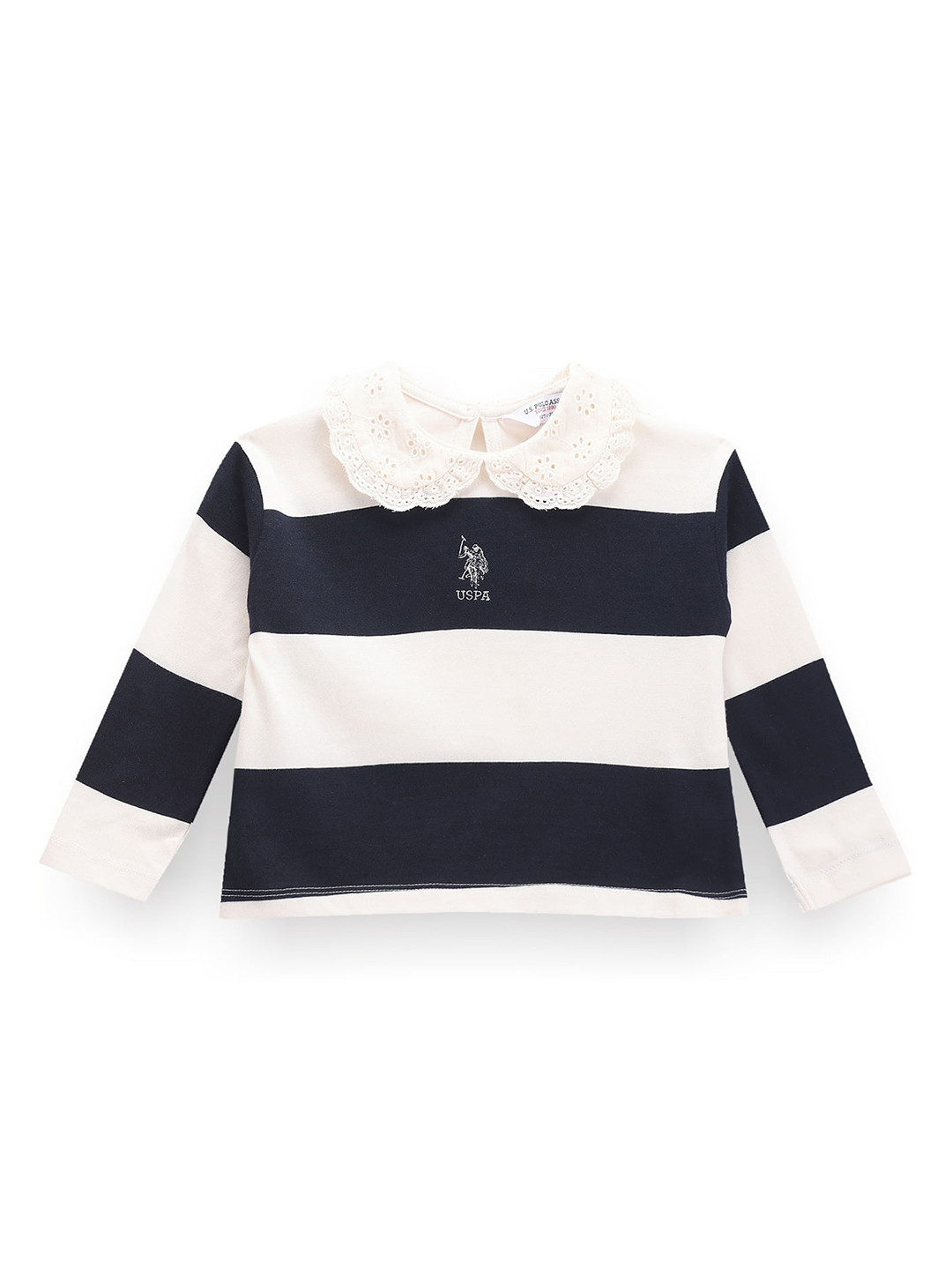 

U.S. Polo Assn. Kids Girls Striped Peter Pan Collar Embroidered Casual T-shirt, Blue