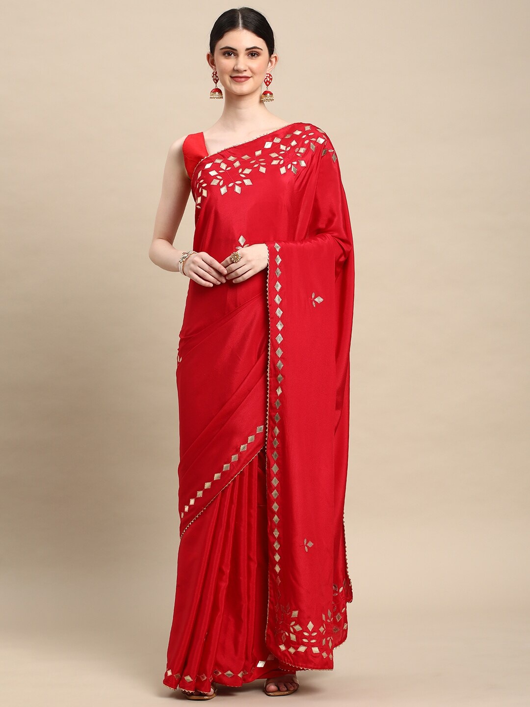 

all about you Geometric Embellished Gotta Patti Saree, Red
