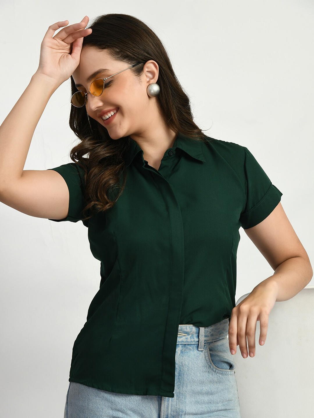 

KALINI Relaxed Spread Collar Casual Shirt, Green