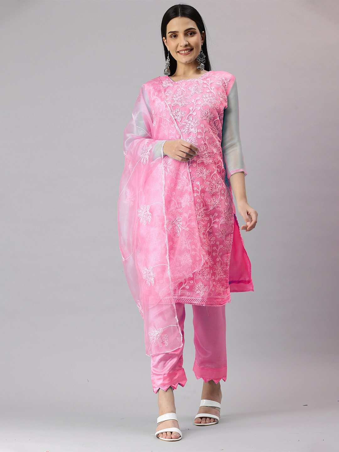 

MANVAA Embroidered Organza Unstitched Dress Material, Pink