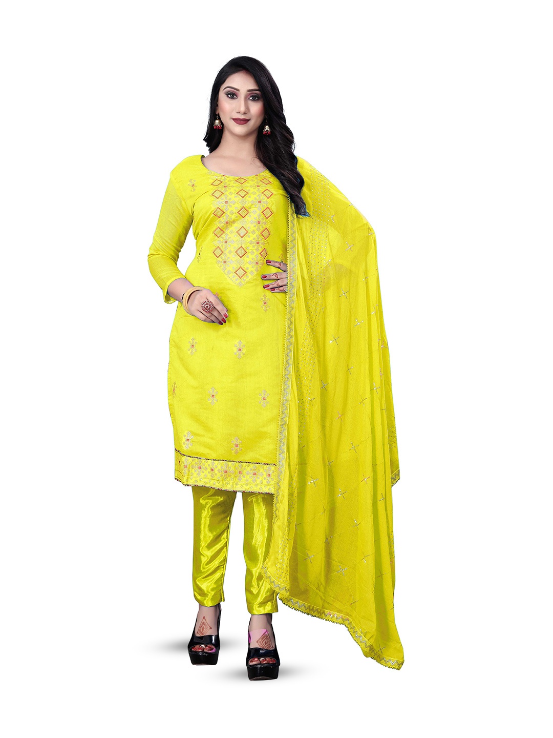 

MANVAA Floral Embroidered Unstitched Dress Material, Lime green