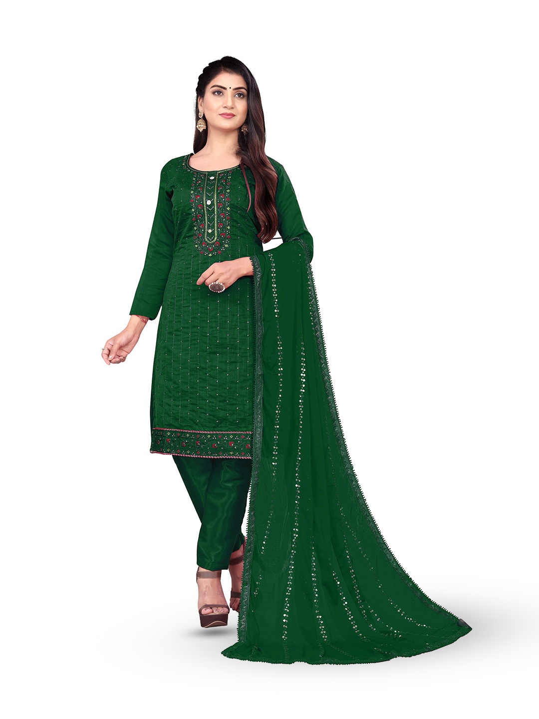

MANVAA Floral Embroidered Sequinned Unstitched Dress Material, Green