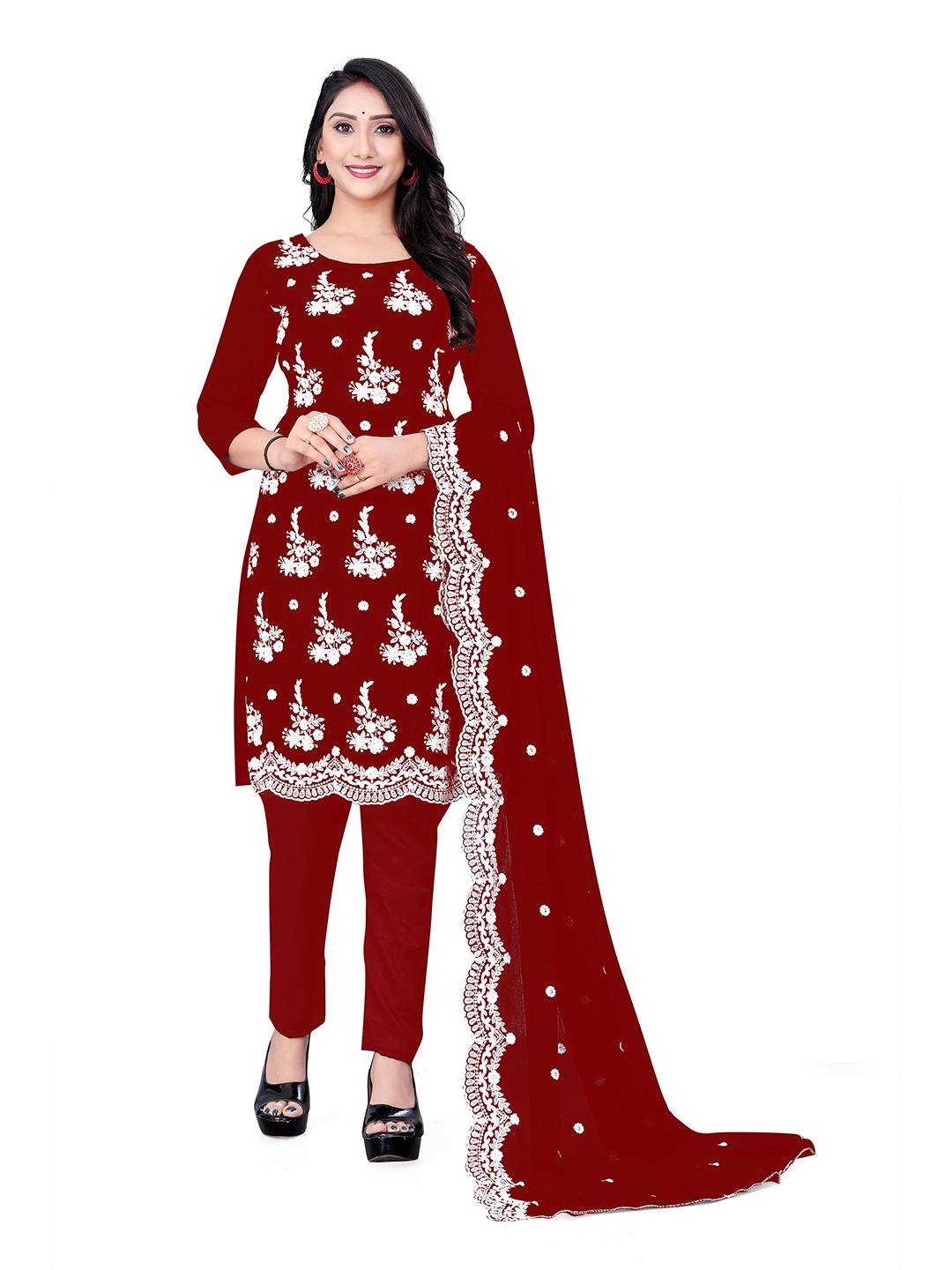 

MANVAA Floral Embroidered Unstitched Dress Material, Red