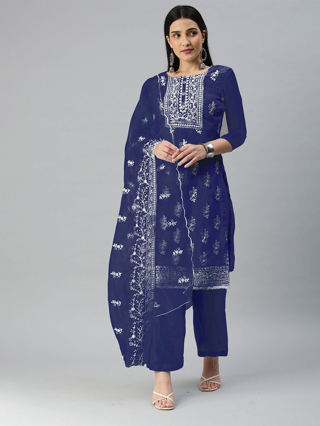 

MANVAA Ethnic Motif Embroidered Unstitched Dress Material, Blue