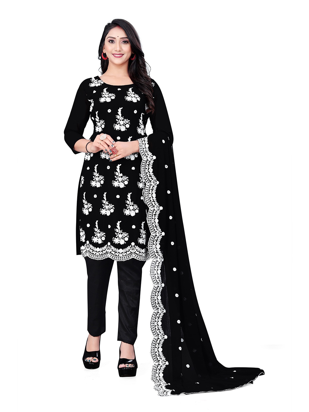 

MANVAA Embroidered Unstitched Dress Material, Black