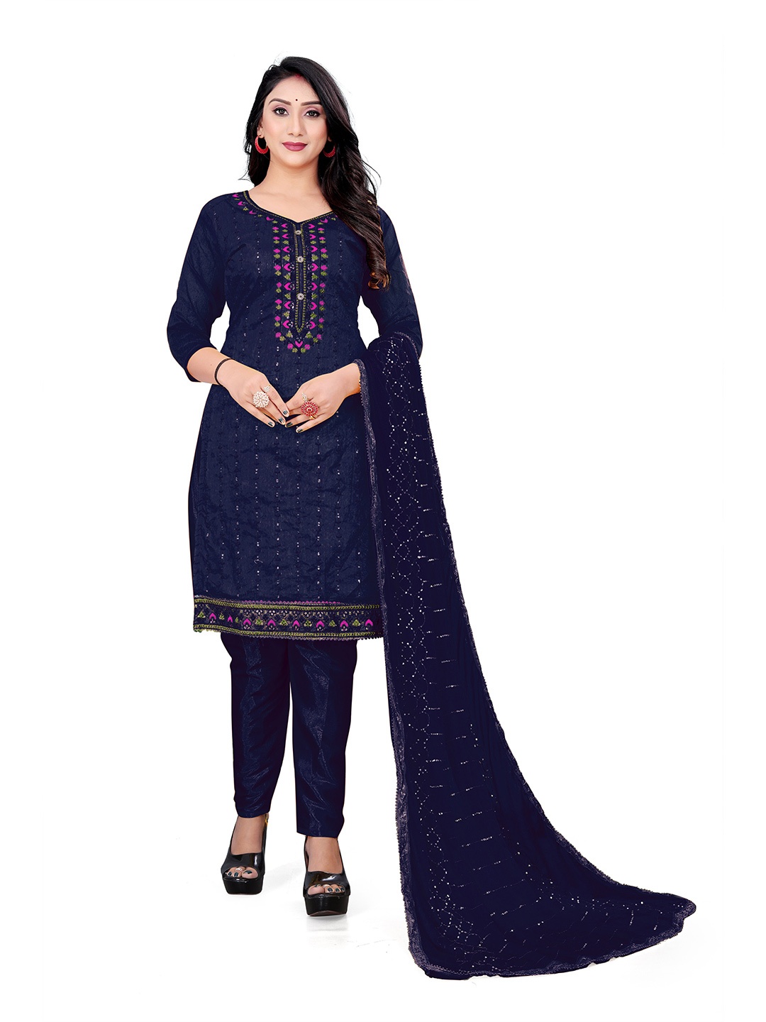 

MANVAA Floral Embroidered Sequinned Detail Unstitched Dress Material, Blue