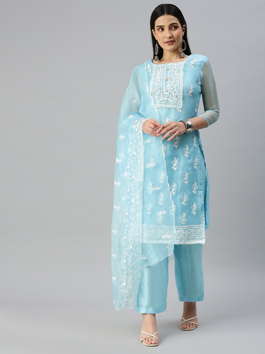 

MANVAA Embroidered Organza Unstitched Dress Material, Sea green