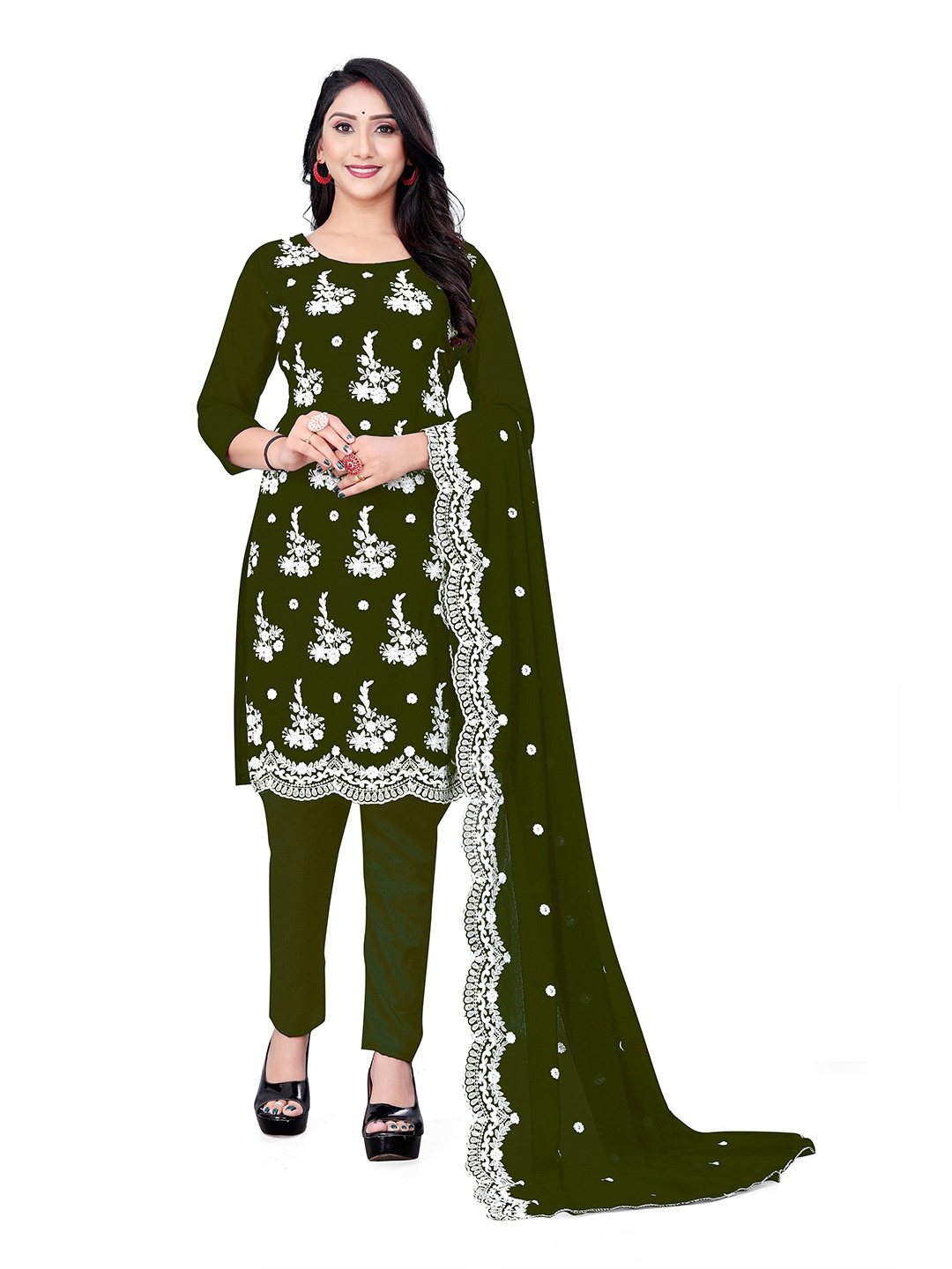 

MANVAA Floral Embroidered Unstitched Dress Material, Olive