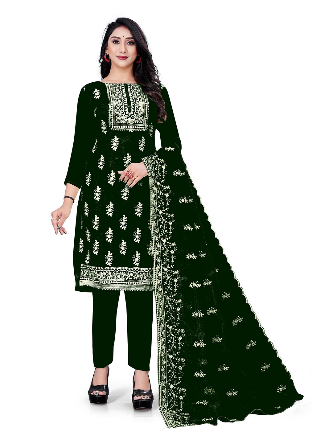 

MANVAA Ethnic Motifs Embroidered Organza Unstitched Dress Material, Green