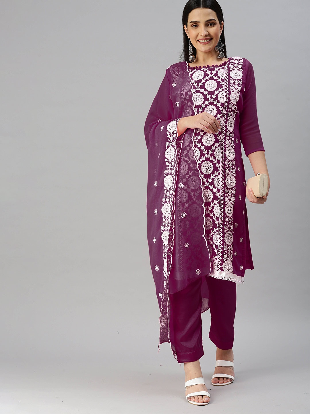 

MANVAA Floral Printed Embroidered Unstitched Dress Material, Magenta