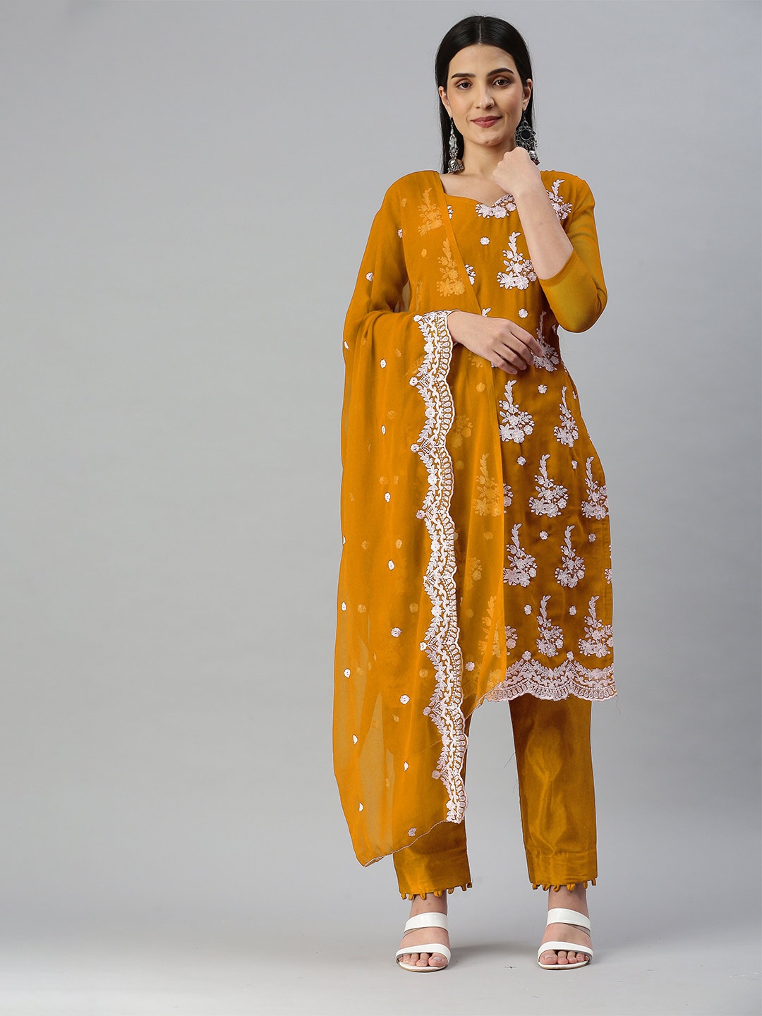 

MANVAA Floral Embroidered Unstitched Dress Material, Yellow