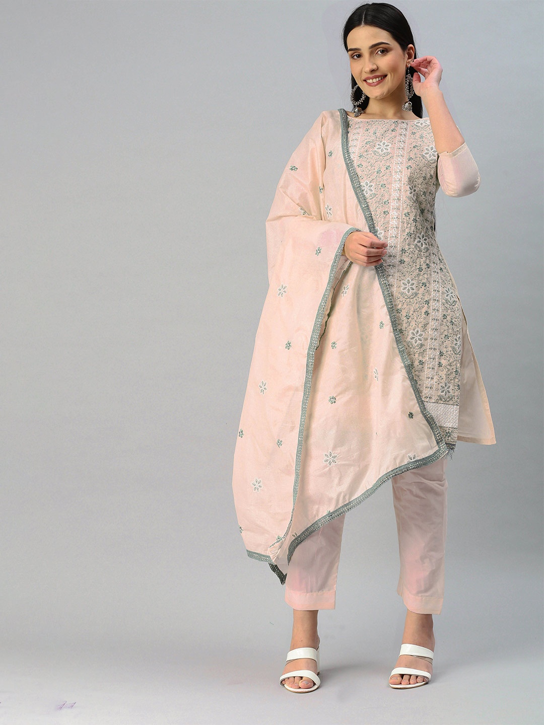 

MANVAA Floral Embroidered Unstitched Dress Material, Peach