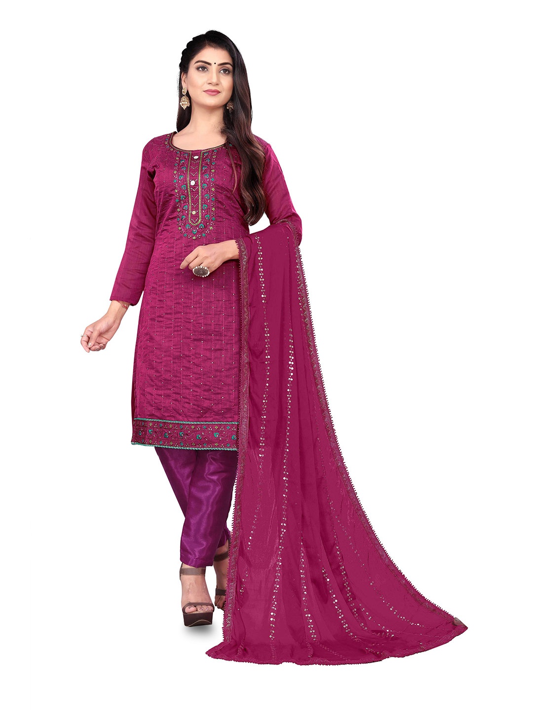 

MANVAA Embroidered Chanderi Cotton Unstitched Dress Material, Pink