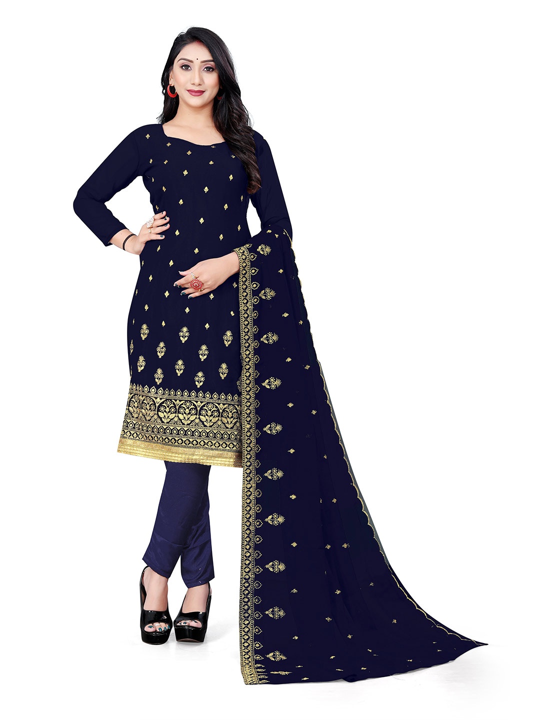 

MANVAA Embroidered Unstitched Dress Material, Navy blue