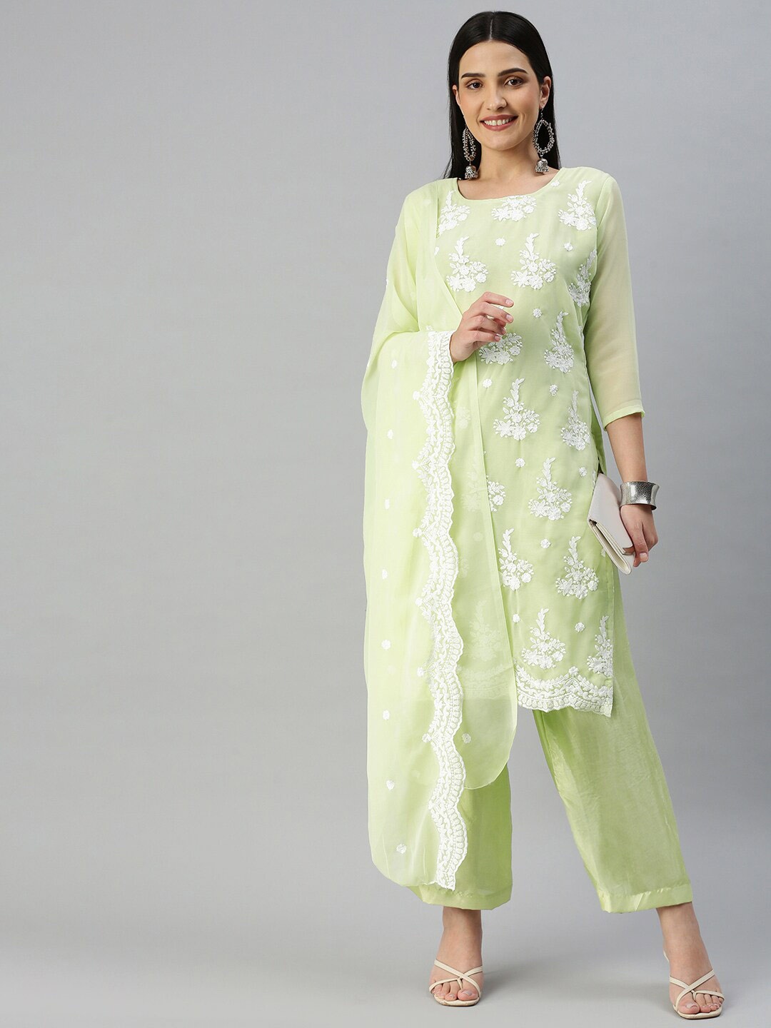 

MANVAA Floral Embroidered Unstitched Dress Material, Lime green