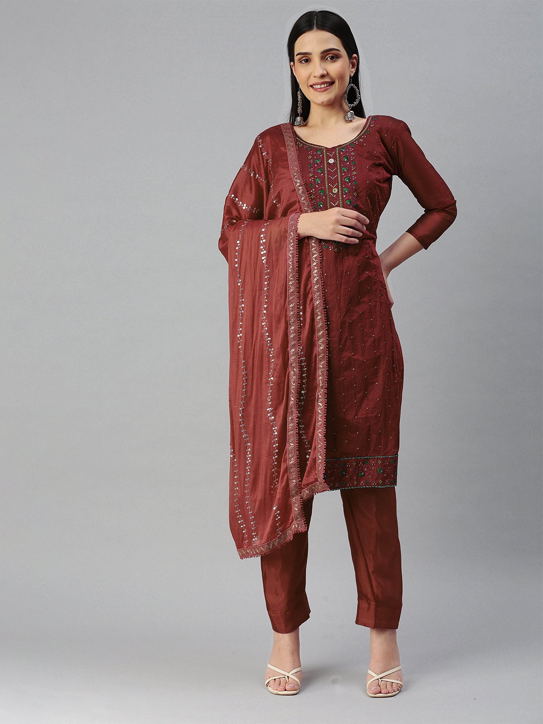 

MANVAA Ethnic Motifs Embroidered Sequinned Unstitched Dress Material, Maroon