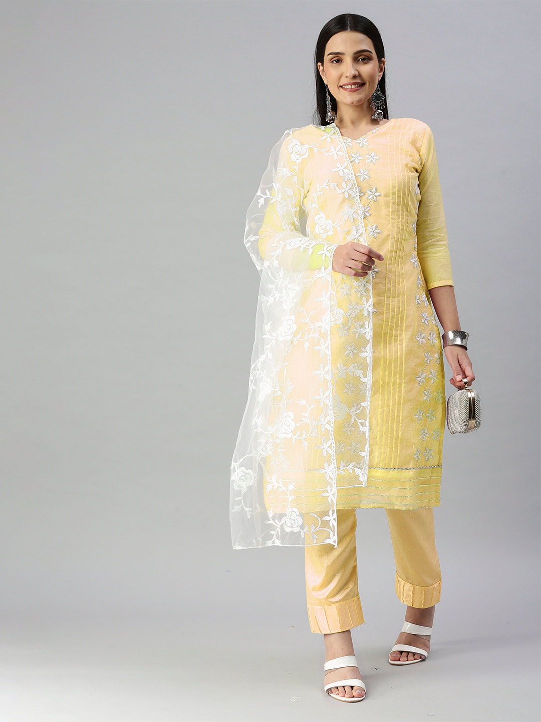 

MANVAA Embroidered Chanderi Cotton Unstitched Dress Material, Yellow