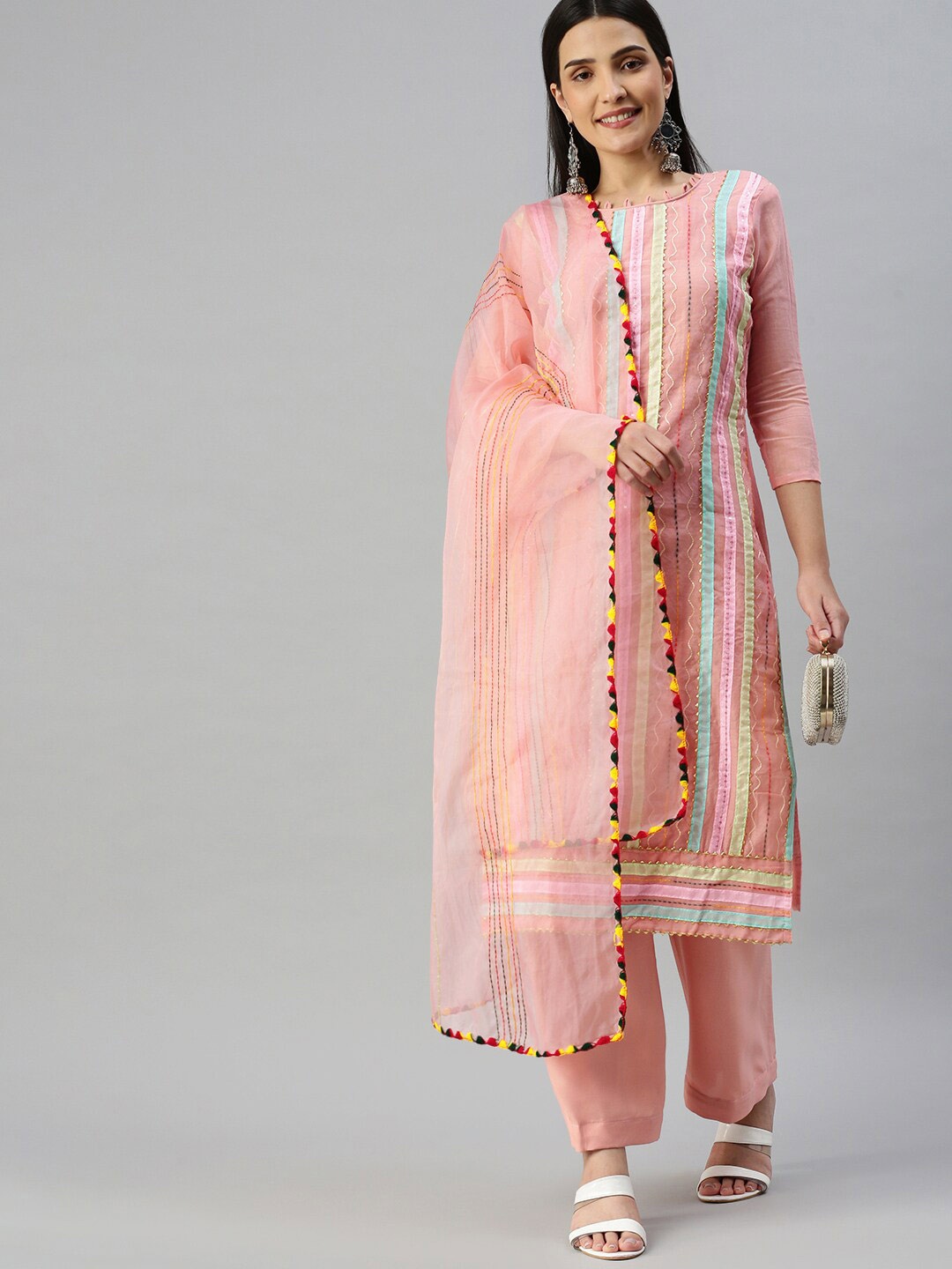 

MANVAA Striped Embroidered Sequined Unstitched Dress Material, Pink