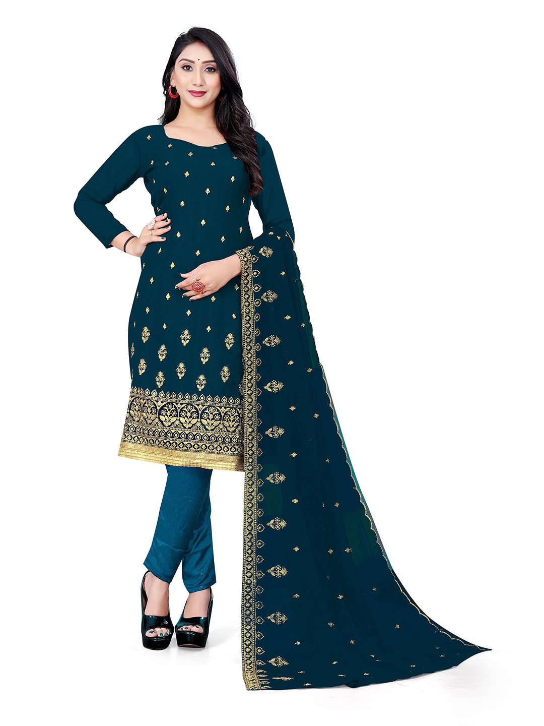 

MANVAA Ethnic Motif Embroidered Unstitched Dress Material, Teal