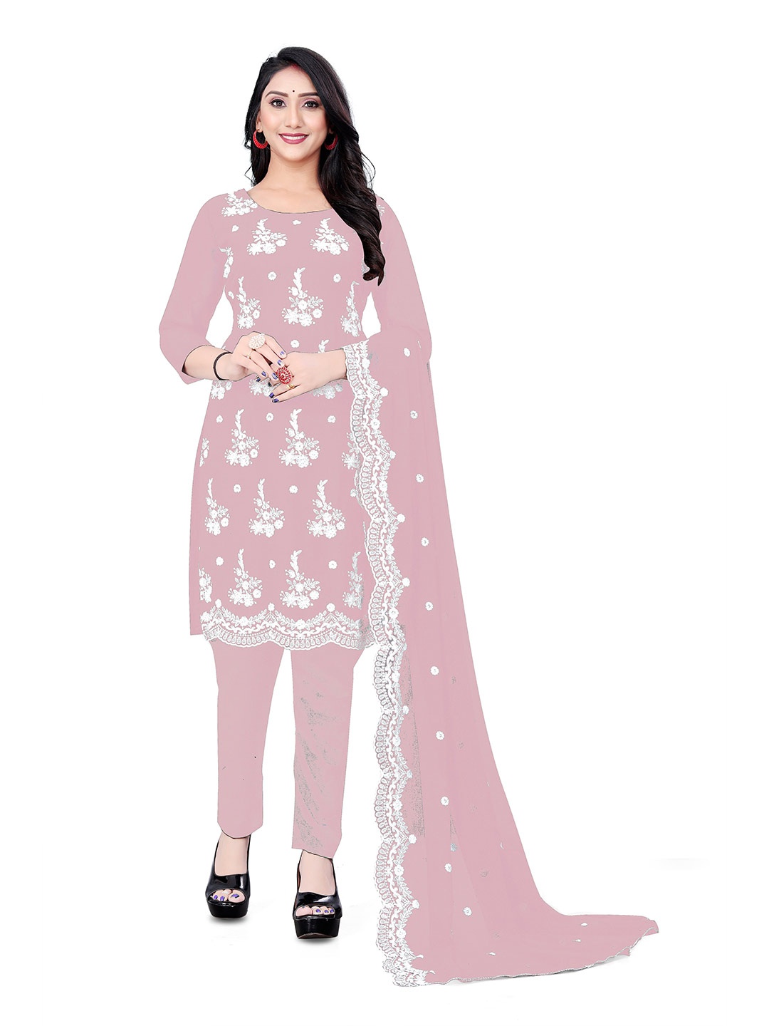 

MANVAA Floral Embroidered Unstitched Dress Material, Pink