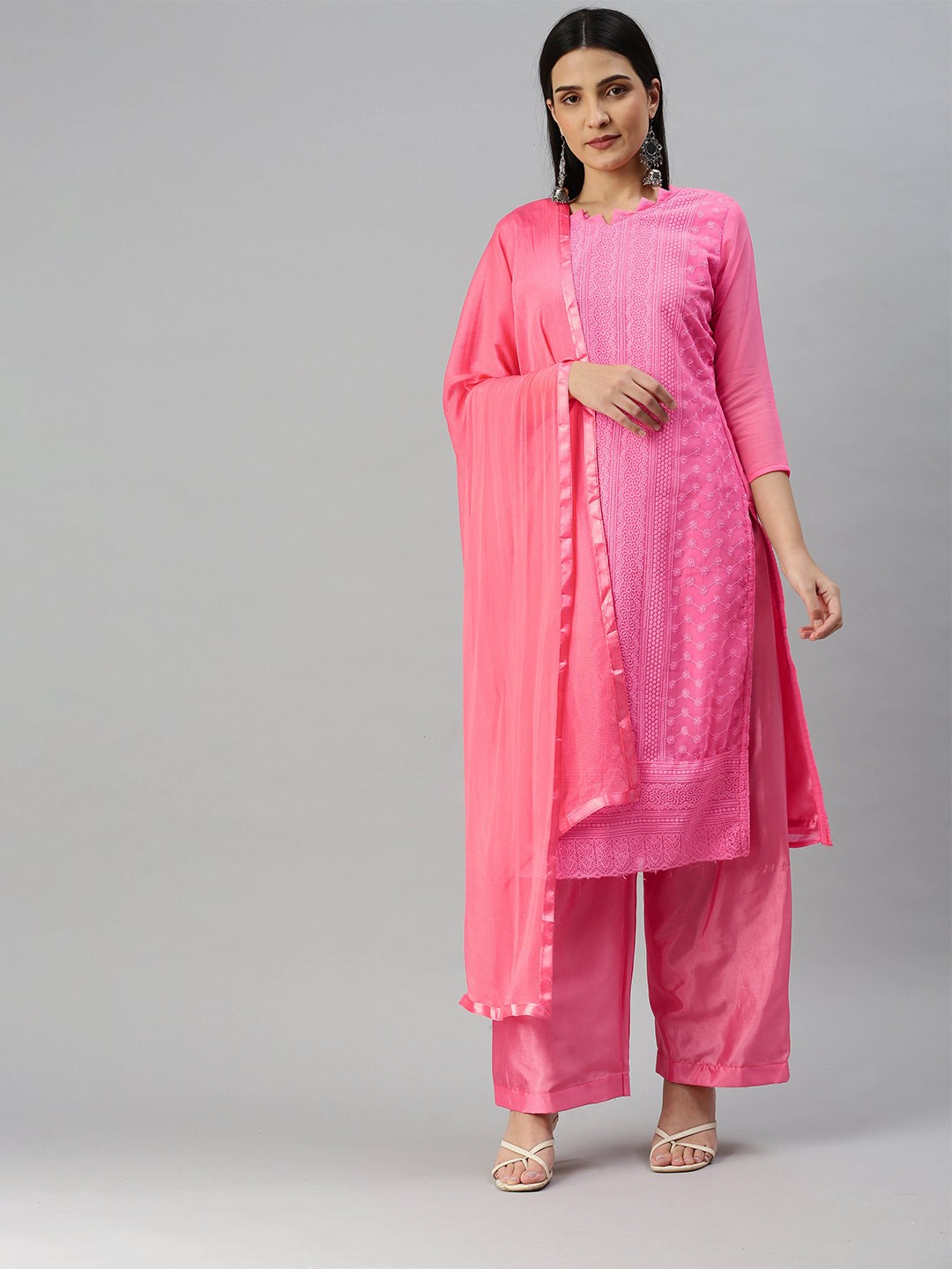 

MANVAA Floral Embroidered Unstitched Dress Material, Pink
