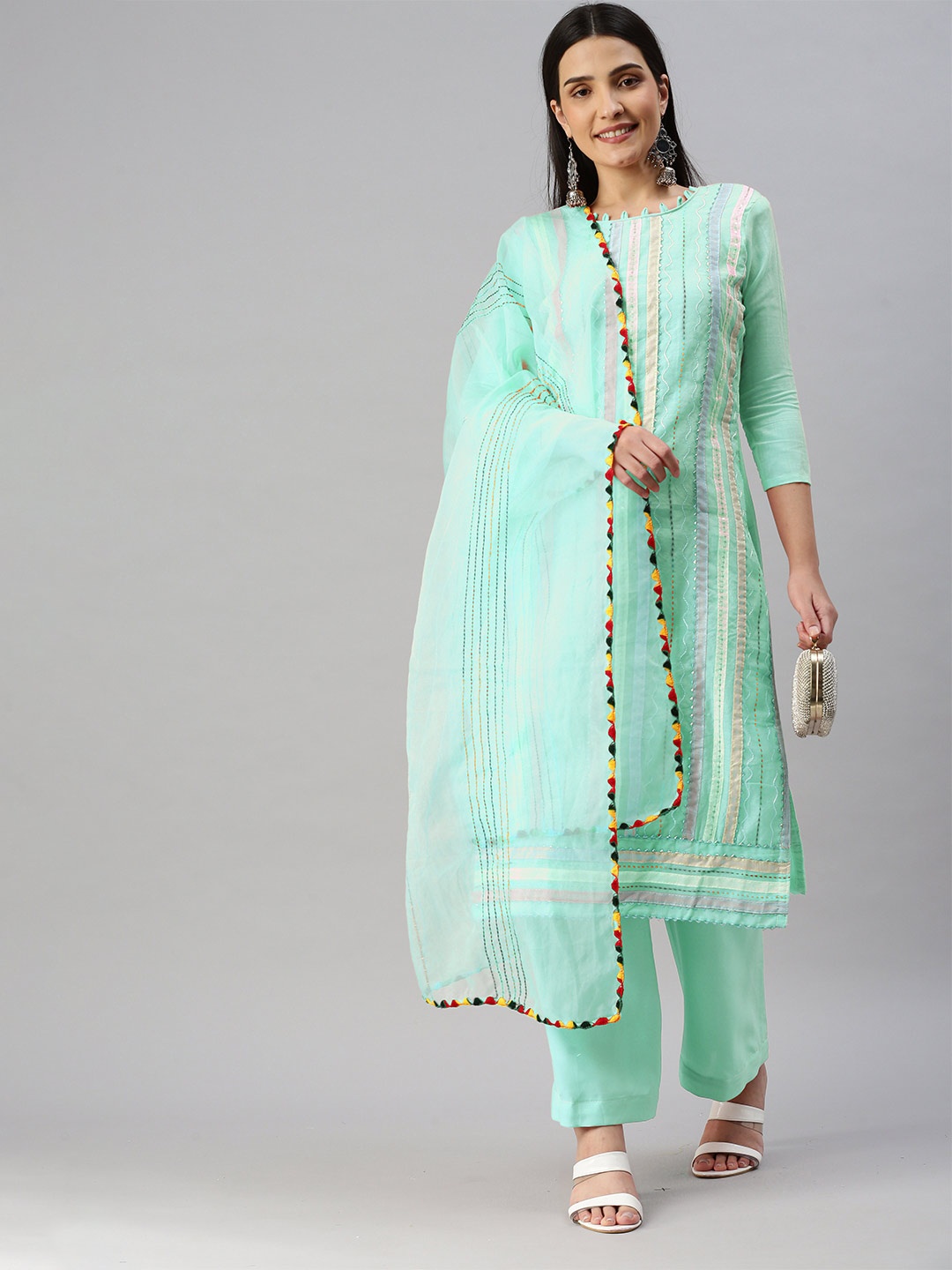 

MANVAA Embroidered Chanderi Cotton Unstitched Dress Material, Sea green