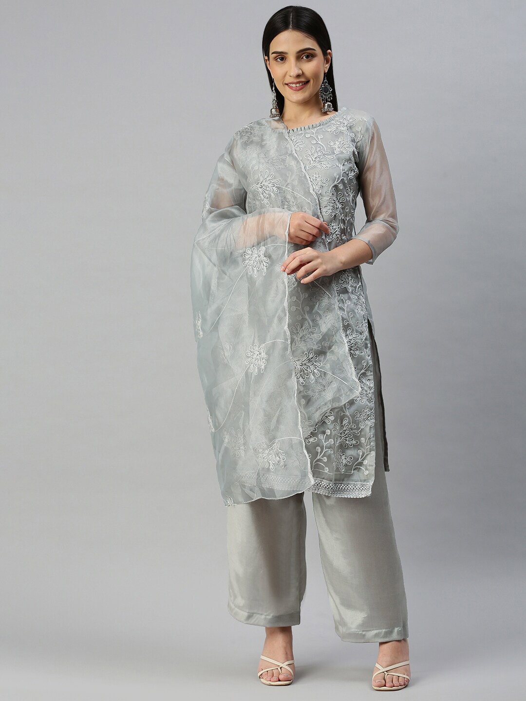 

MANVAA Floral Embroidered Unstitched Dress Material, Grey