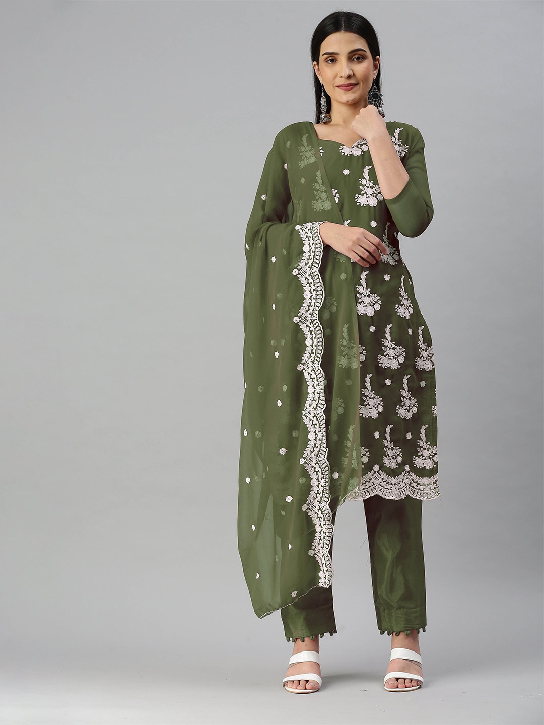 

MANVAA Embroidered Unstitched Dress Material, Olive