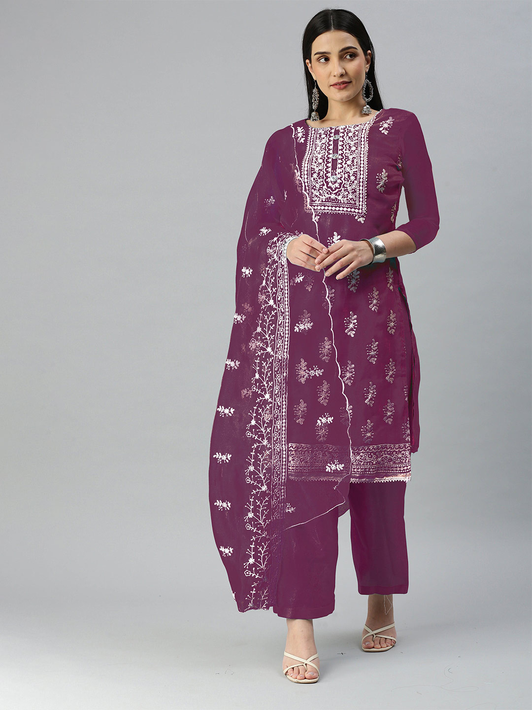 

MANVAA Floral Embroidered Organza Unstitched Dress Material, Magenta