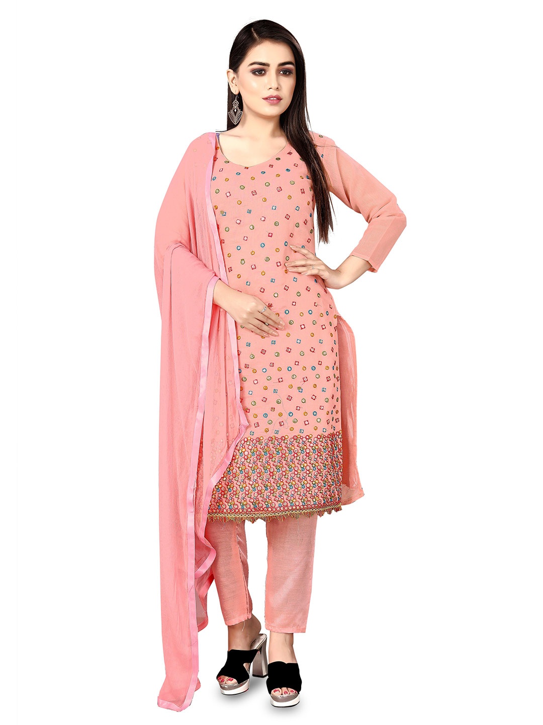 

MANVAA Embroidered Unstitched Dress Material, Peach